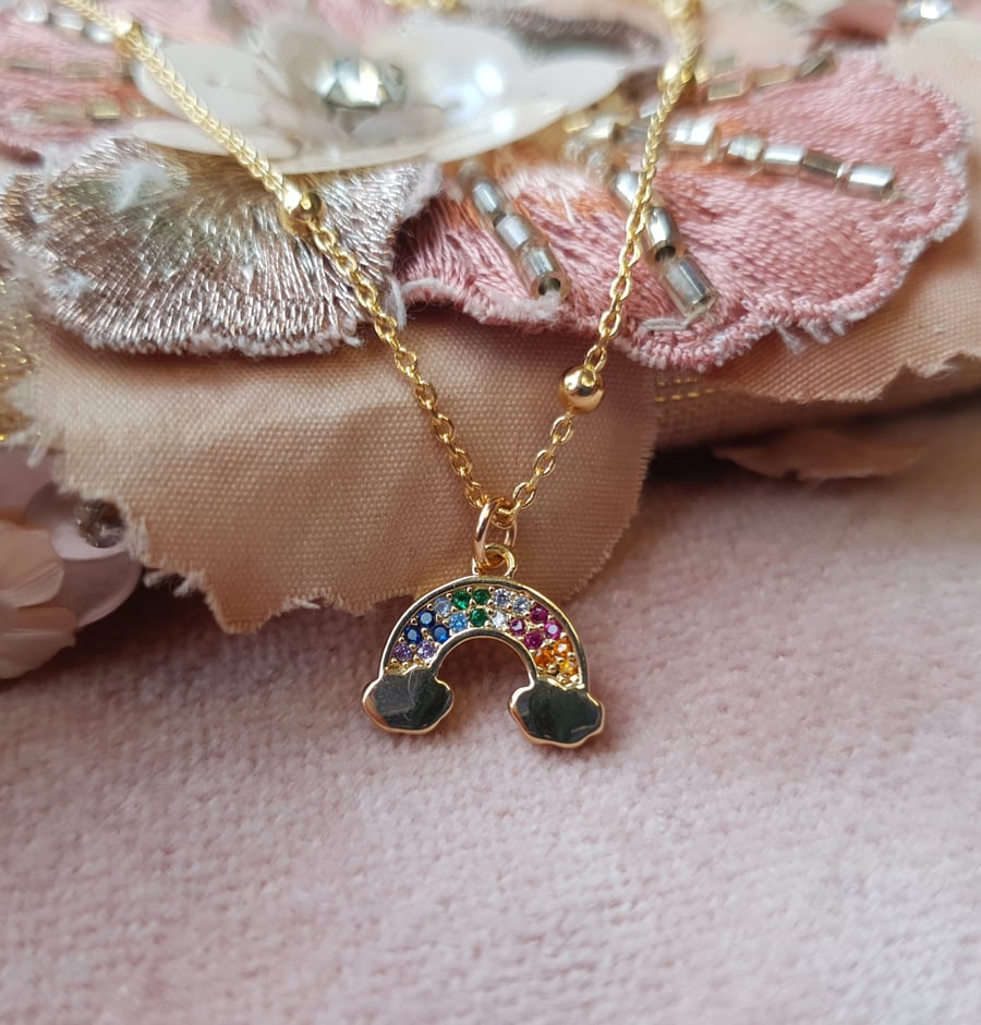 Sparkling Pave Encrusted Rainbow Necklace - Satellite Beaded Chain - Gold 