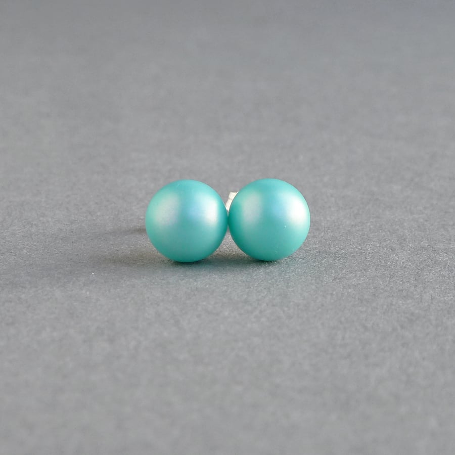 8mm Iridescent Turquoise Stud Earrings - Pale Teal Pearl Studs - Aqua Jewellery