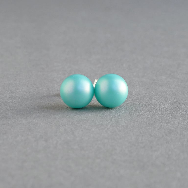 8mm Iridescent Turquoise Stud Earrings - Pale Teal Pearl Studs - Aqua Jewellery