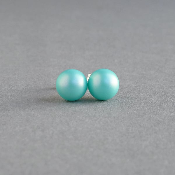 8mm Iridescent Turquoise Stud Earrings - Pale Teal Pearl Studs - Aqua Jewellery