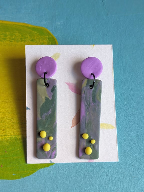 Statement dangly earrings, long slim earrings, bright yellow, green and purple