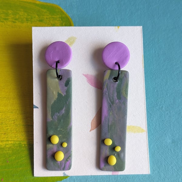 Statement dangly earrings, long slim earrings, bright yellow, green and purple