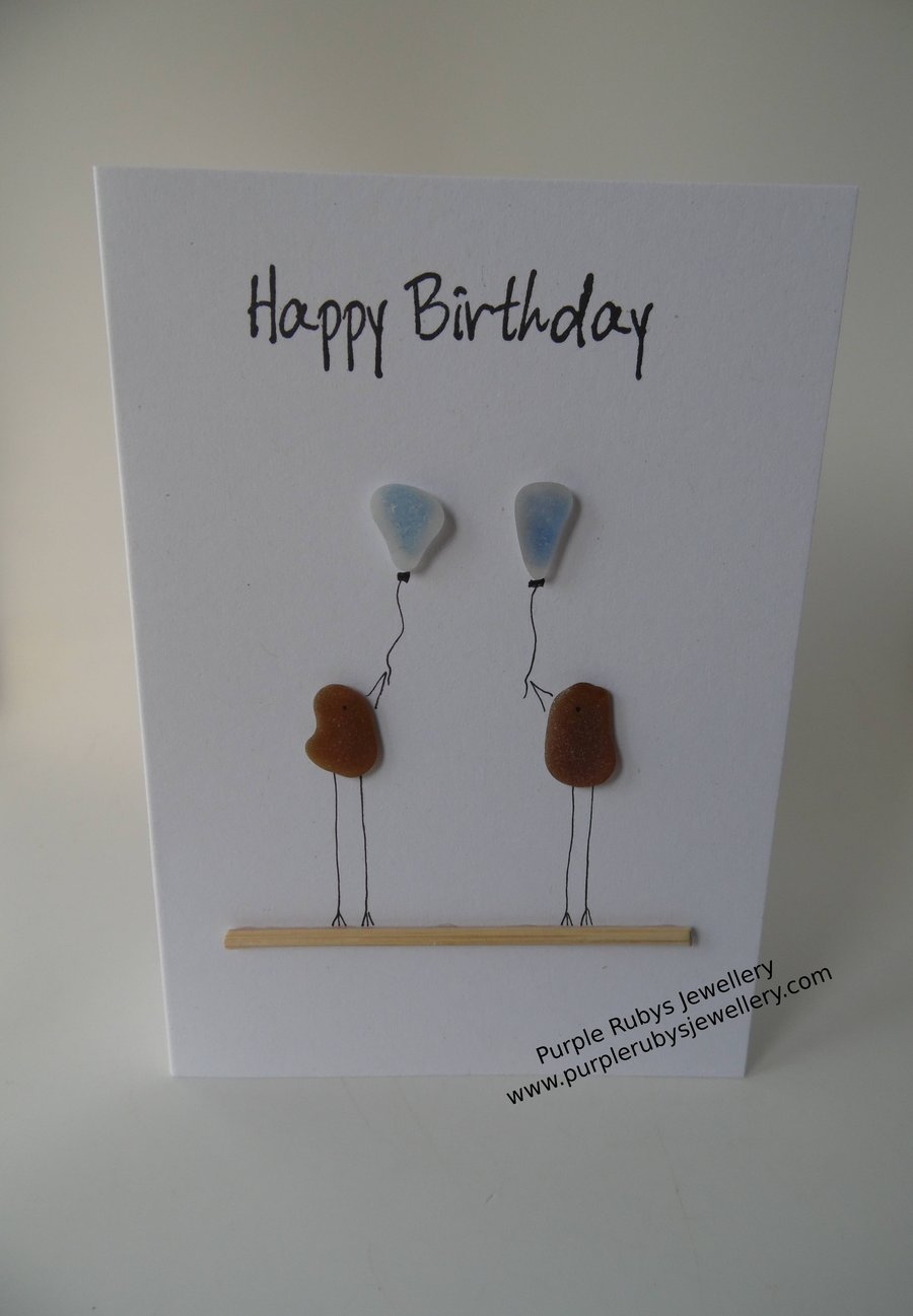 Sea Glass Happy Birthday Amber Birds with Blue Balloons C339