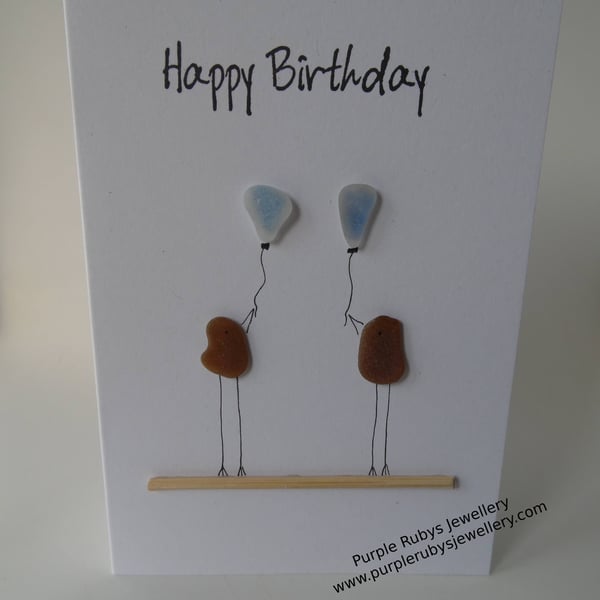 Sea Glass Happy Birthday Amber Birds with Blue Balloons C339