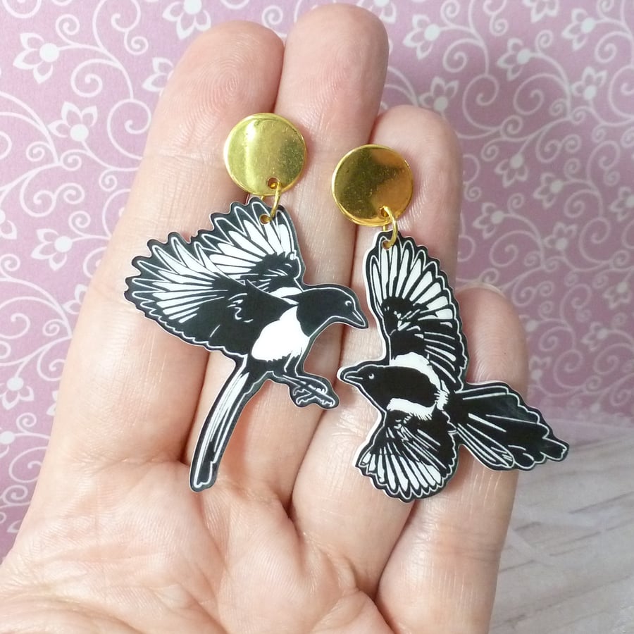Two for joy magpie earrings on gold plated studs, laser engraved and lightweight