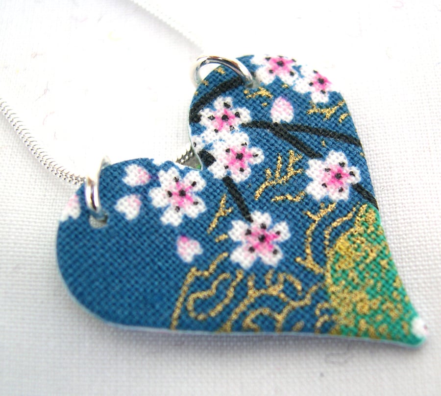 Chinese Floral Green Blue Ditsy Oriental China Hardened Fabric Heart Necklace 