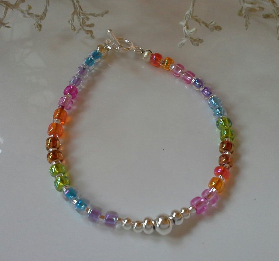 Rainbow Dainty Skinny Bracelet Silver Plated 16.5cms long