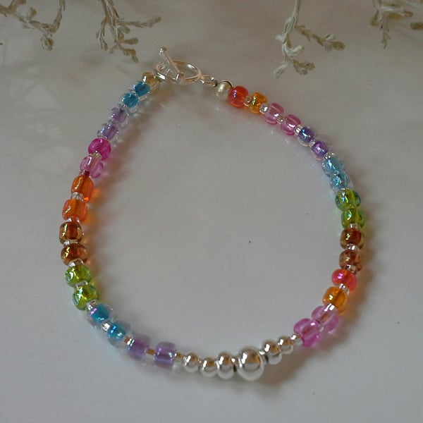 Sale  Rainbow Dainty Skinny Bracelet Silver Plated 16.5cms long