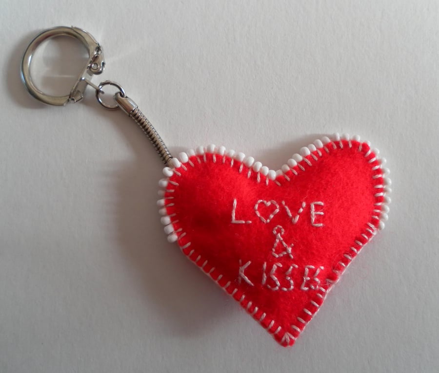  Red Felt Heart Keyring, hand embroidered and beaded, Valentine's Day
