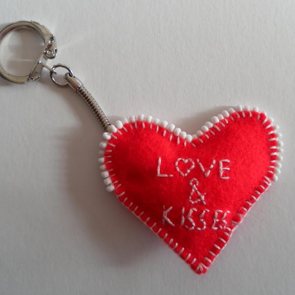  Red Felt Heart Keyring, hand embroidered and beaded, Valentine's Day