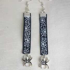 Spooky Spiderweb Ribbon Earrings with Spider Charms.