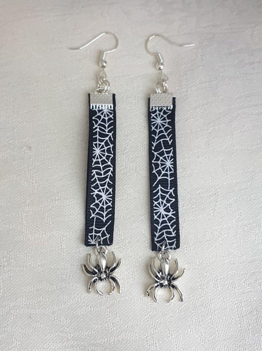 Spooky Spiderweb Ribbon Earrings with Spider Charms.