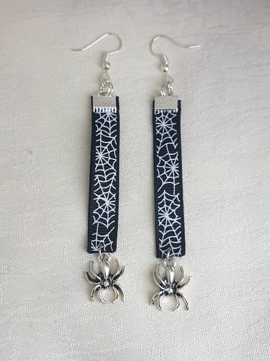 Spooky Spiderweb Ribbon Earrings with Spider Charms.
