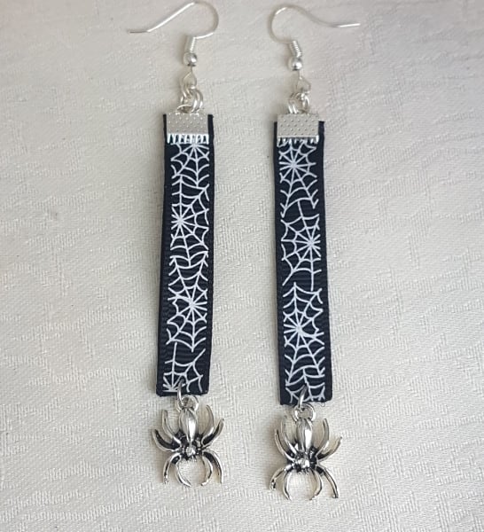 Spooky Spiderweb Ribbon Earrings with Spider Charms.