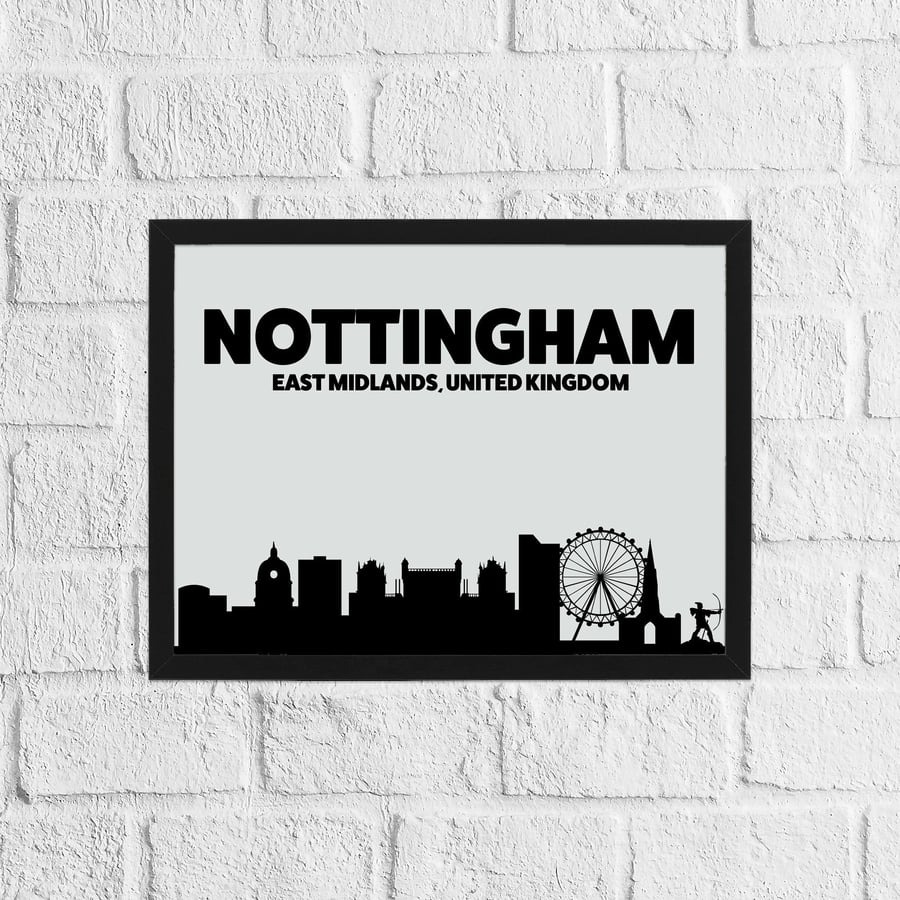 Skyline silhouette of Nottingham, East Midlands, UK, print