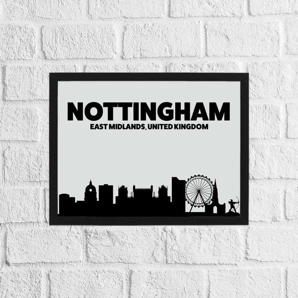 Skyline silhouette of Nottingham, East Midlands, UK, print