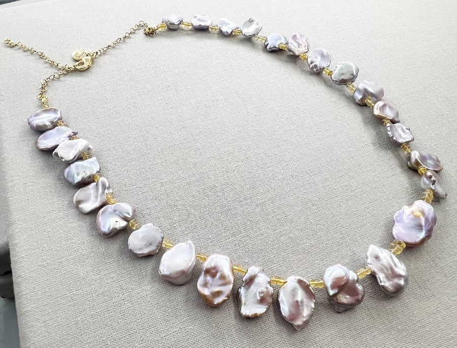 Elegant Keshi Pearl Necklace With Ethiopian Opal Gold Filled Stainless Steel