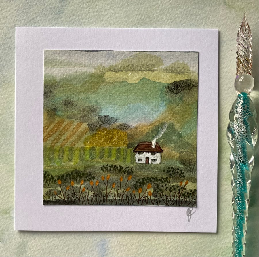 Hand painted card country cottage original 