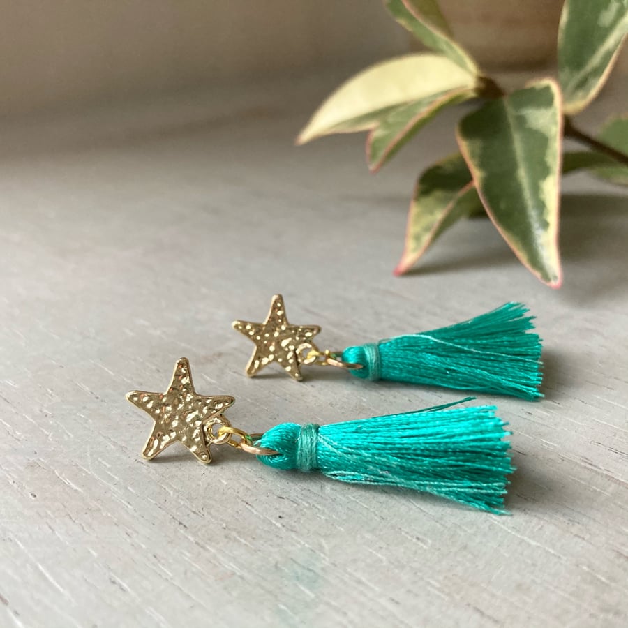 Blue-green & Gold Star Tassel Earrings