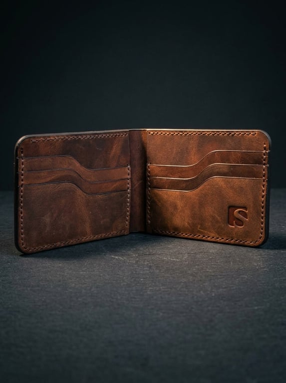Warm Brown Full Grain Leather Bifold Wallet 6 Card Slots Mens Wallet Handmade UK