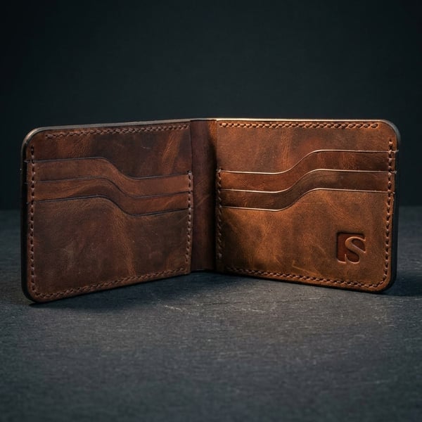 Warm Brown Full Grain Leather Bifold Wallet 6 Card Slots Mens Wallet Handmade UK