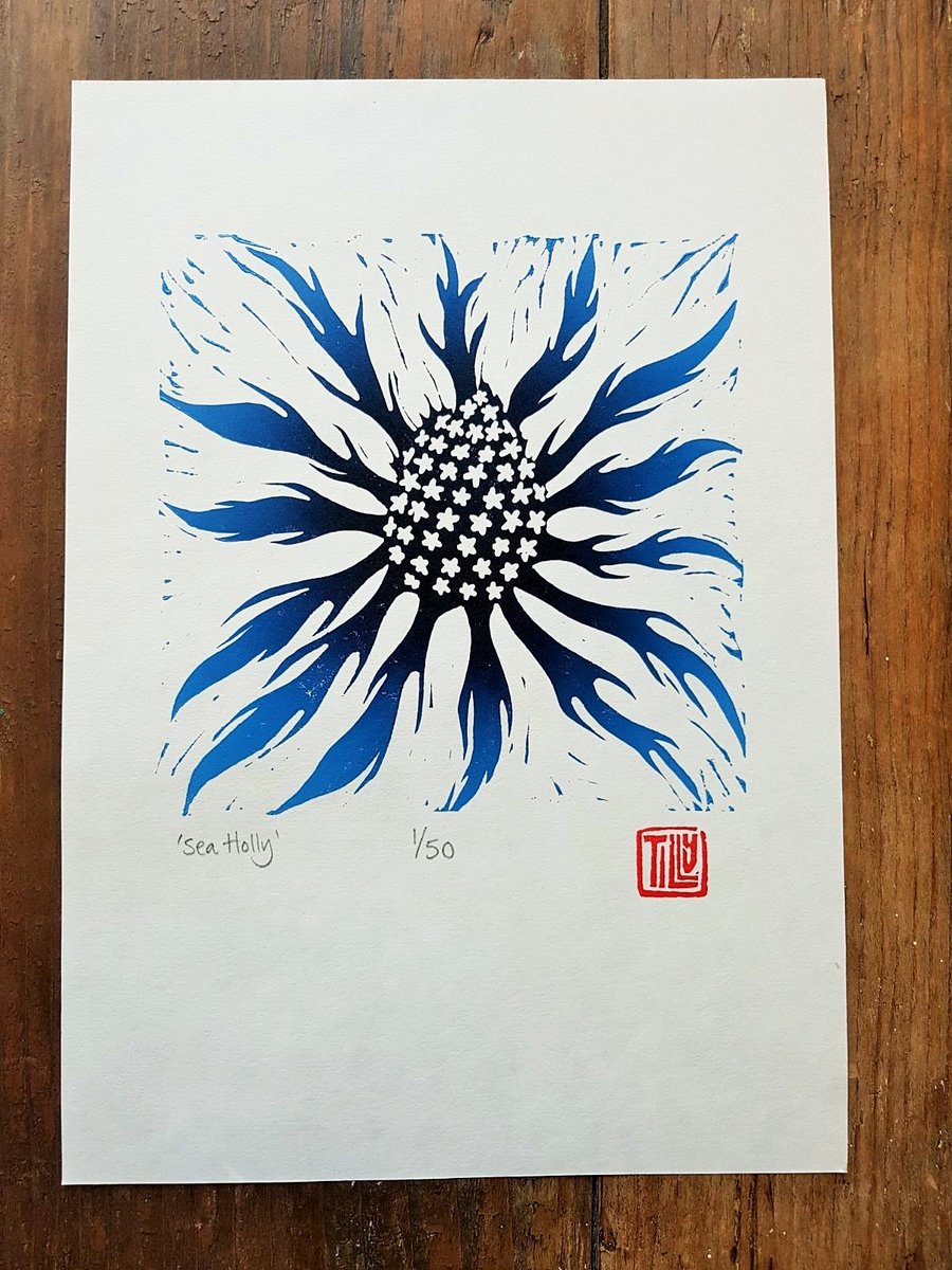 Sea Holly Lino print, lino cut, printmaking, prussian blue, thistle