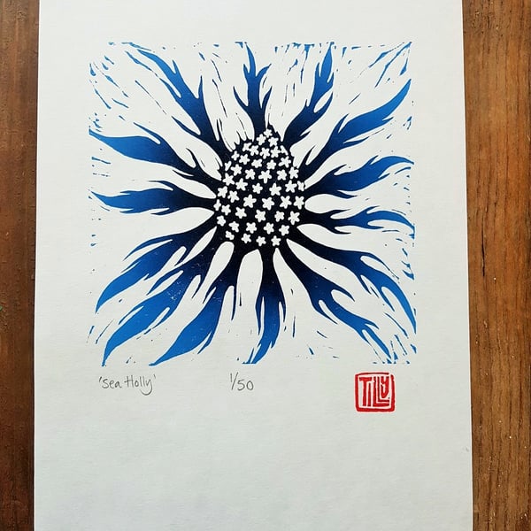 Sea Holly Lino print, lino cut, printmaking, prussian blue, thistle