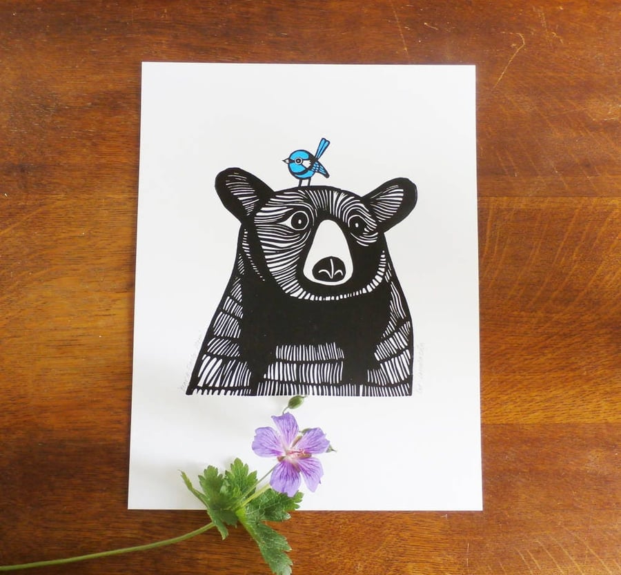 Bear and Fairy Wren Linocut Print