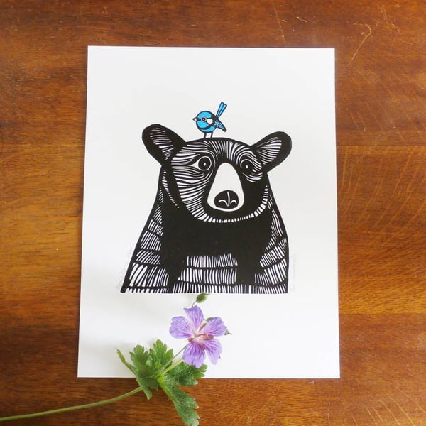 Bear and Fairy Wren Linocut Print