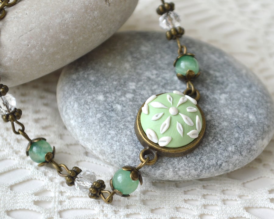 Mint Green & White Polymer Clay Bracelet
