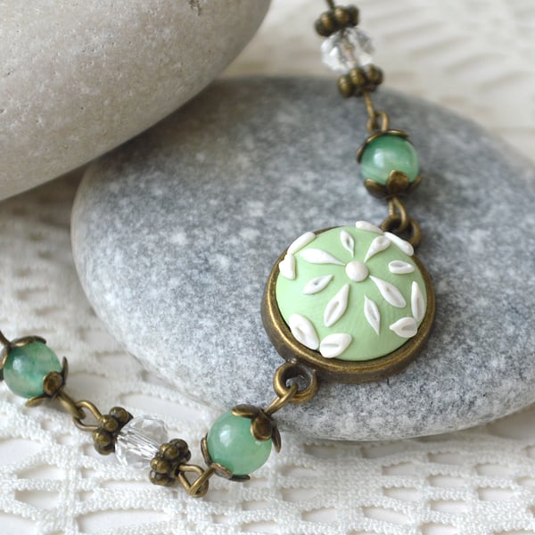 Mint Green & White Polymer Clay Bracelet