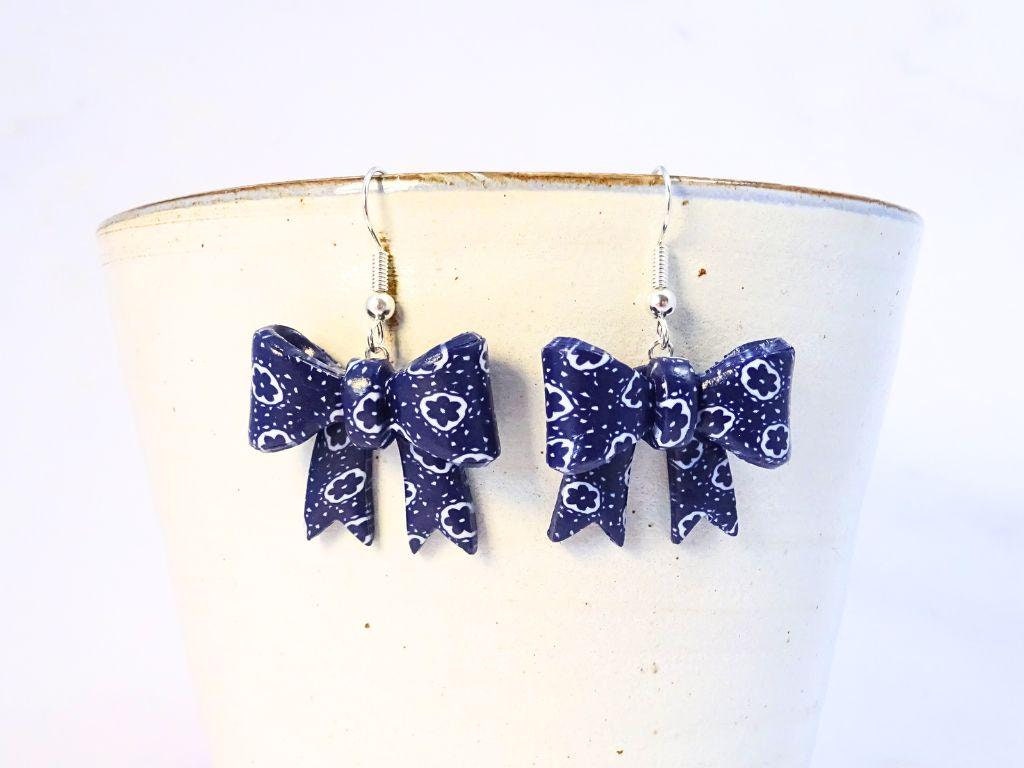 Floral Bow Shaped Earrings, Blue and White Earrings, Flower and Polka Dot