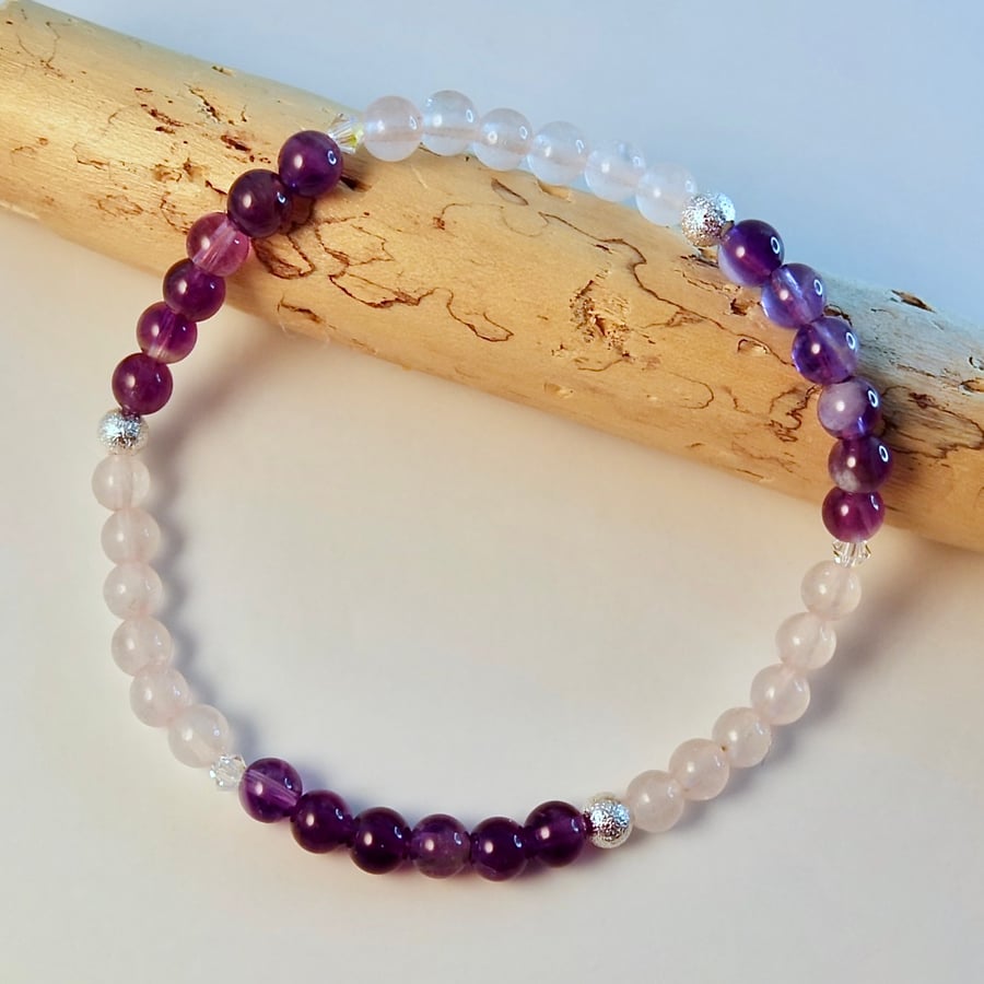  Amethyst And Rose Quartz Bracelet With Swarovski Crystals  - Handmade In Devon