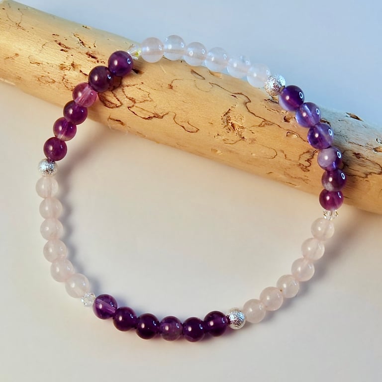  Amethyst And Rose Quartz Bracelet With Swarovski Crystals  - Handmade In Devon