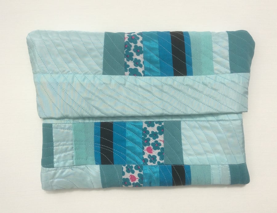 Clutch, Handbag, Freestyle Patchwork Quilting, Shades of turquoise 