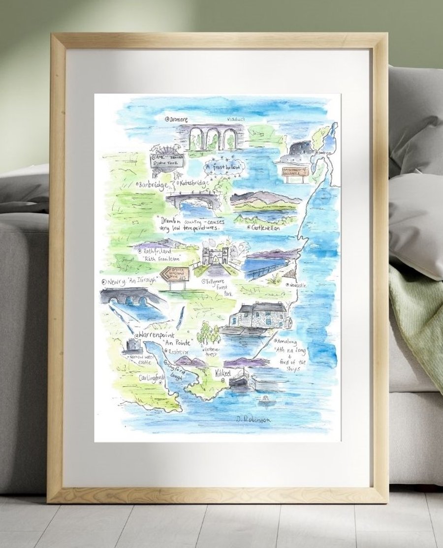 South Down NI illustrated map print. A4 size.