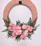 Large 14" Hand-Crocheted Pink Peony & Fern Door Wreath – Spring Home Decor