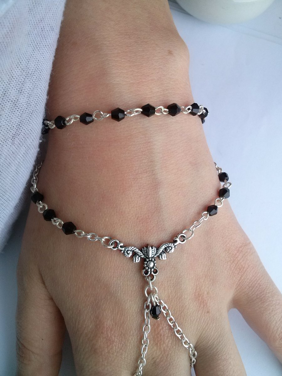 Black Crystal Gothic Hand Chain Bracelet