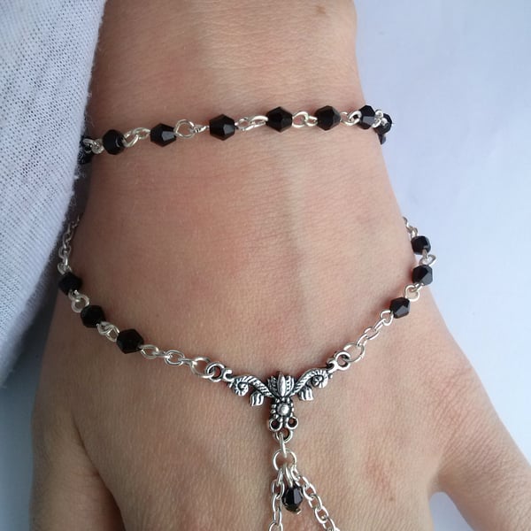 Black Crystal Gothic Hand Chain Bracelet