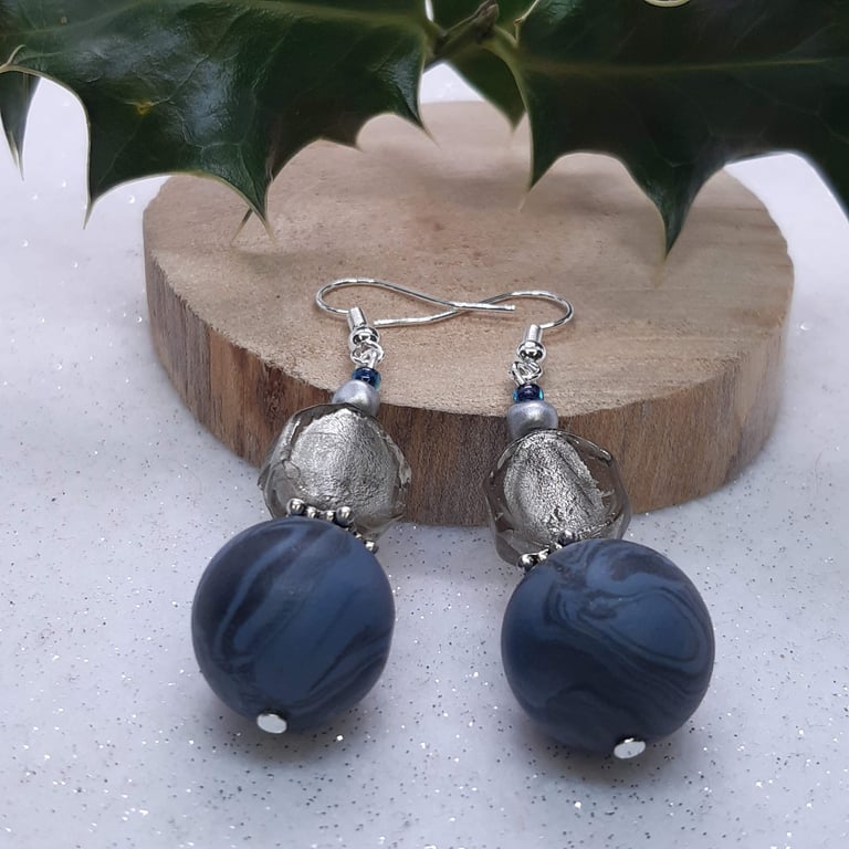 Handmade jewellery - Airforce blue and smoky grey dangly earrings