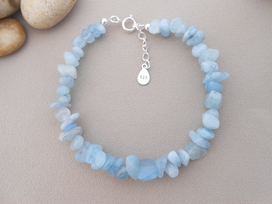 Sterling silver aquamarine 7" adjustable bracelet.