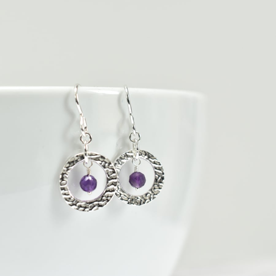 Amethyst and Fine Silver Circle Earrings