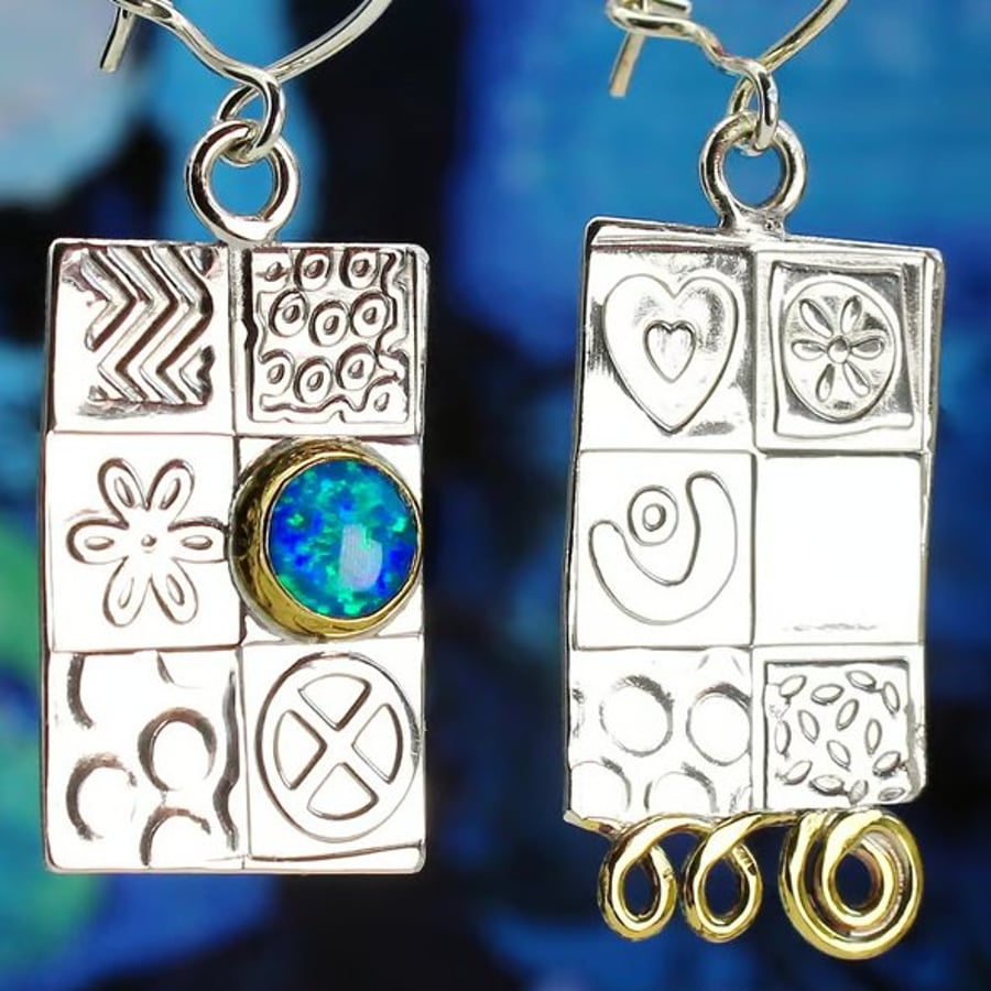 Handmade Blue Opal earrings, asymmetrical sterling silver with a gemstone choice