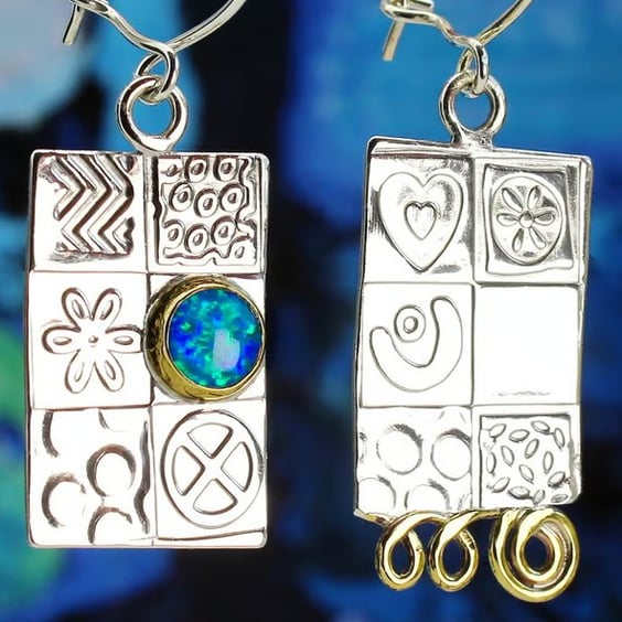 Handmade Blue Opal earrings, asymmetrical sterling silver with a gemstone choice