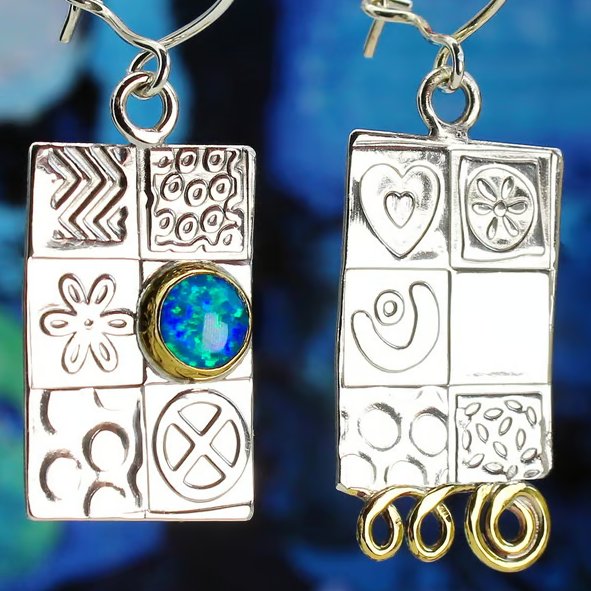 Handmade Blue Opal earrings, asymmetrical sterling silver with a gemstone choice