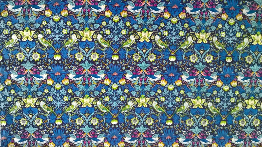 Liberty Fabric 10" Square : STRAWBERRY THIEF : Birds Flowers : Blue Green Cream