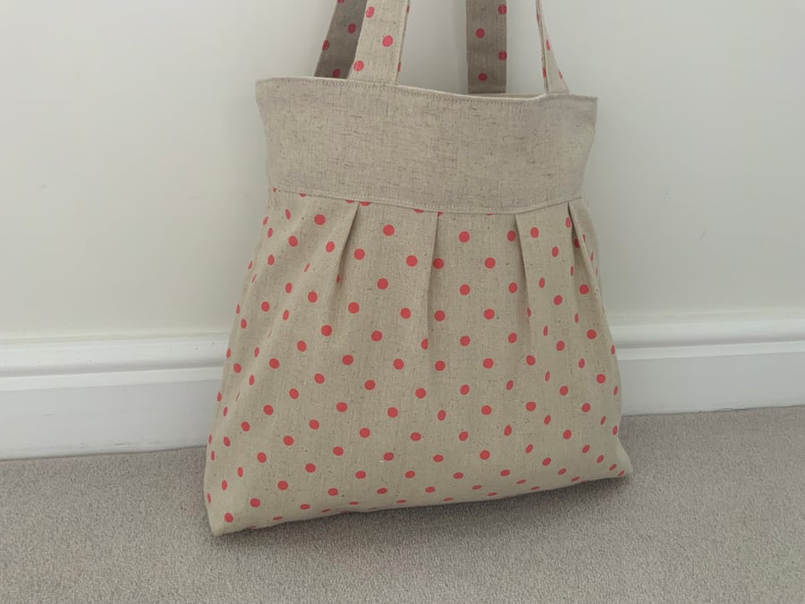 Tote Bag, Pleated Tote Bag, Linen, Hand Bag, Day Bag, Polka Dot