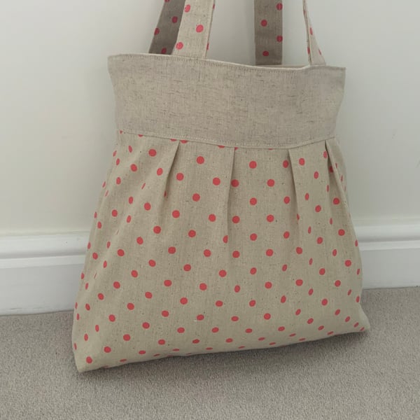 Tote Bag, Pleated Tote Bag, Linen, Hand Bag, Day Bag, Polka Dot