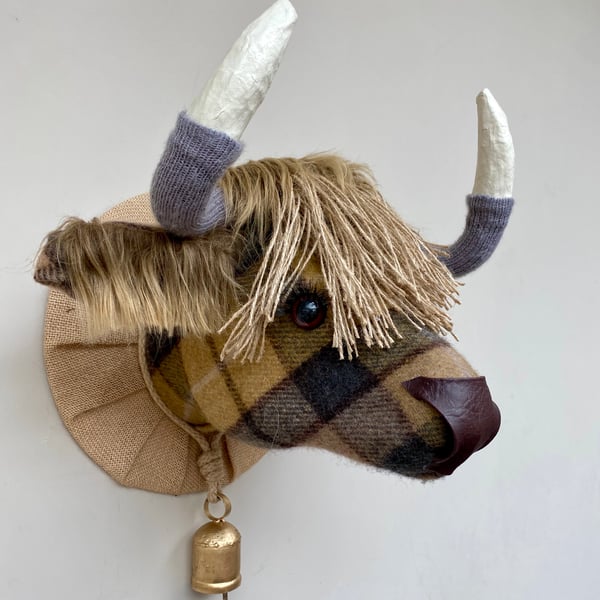 Faux taxidermy Buchanan mustard grey tweed Highland Cow animal head with bell