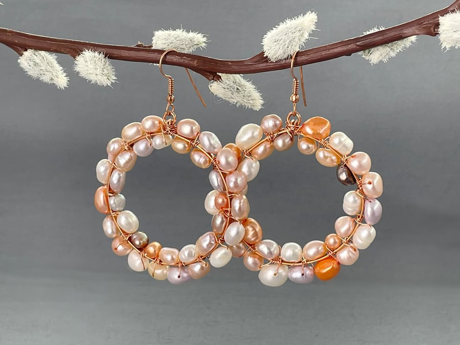 Multicoloured Cultured Pearl Large Copper Hoop Earrings 